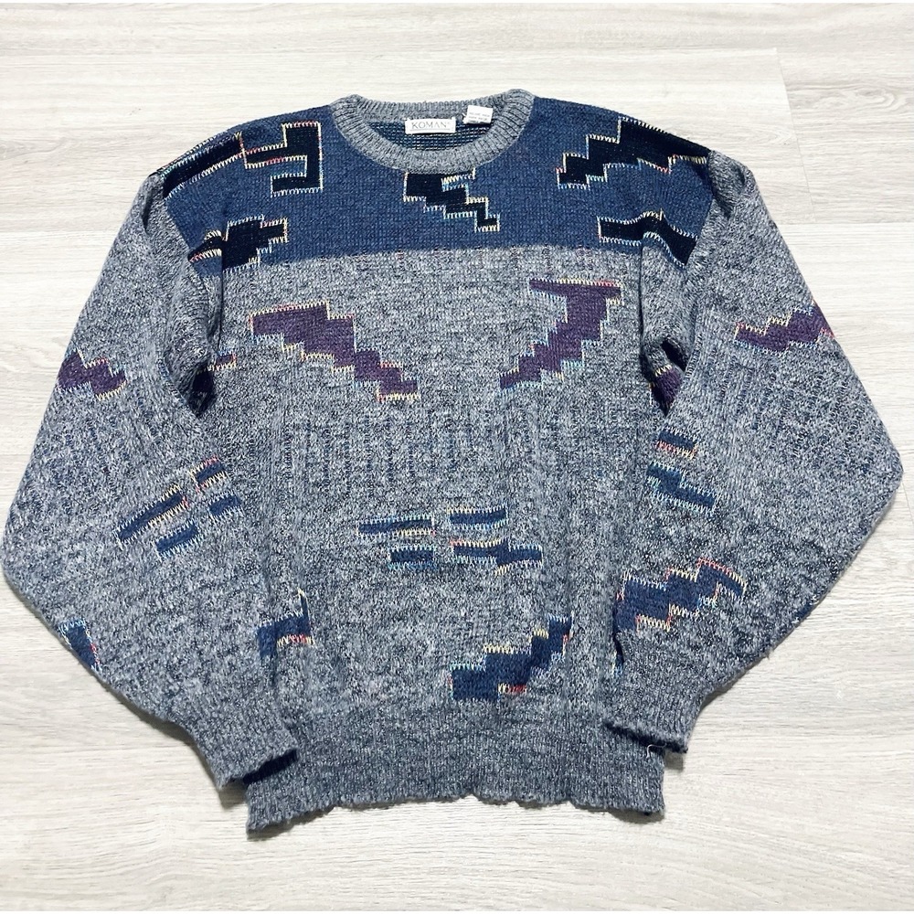 Koman M Men's Vintage 80s 90s Grandpa Sweater Long Sleeve‎ Abstract